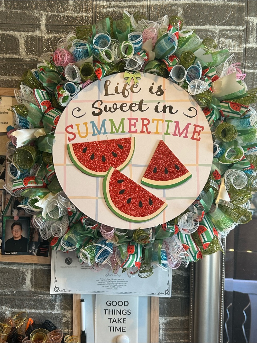 Hand Crafted Watermelon Summertime Wreath - Red, Green, White, Pink, Blue